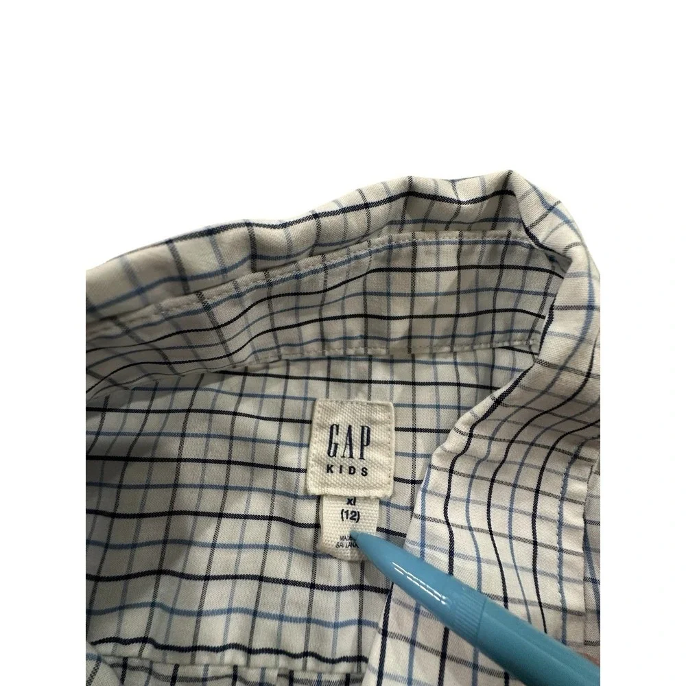 Boys Gap Kids Brown‎ Blue Plaid Long Roll Up  Sleeve Collar Shirt XL 12 EUC